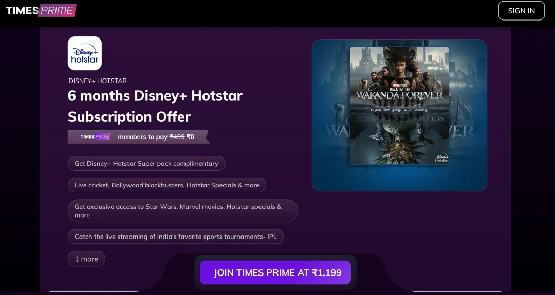 Get Free Disney+ Hotstar Premium with Times Prime